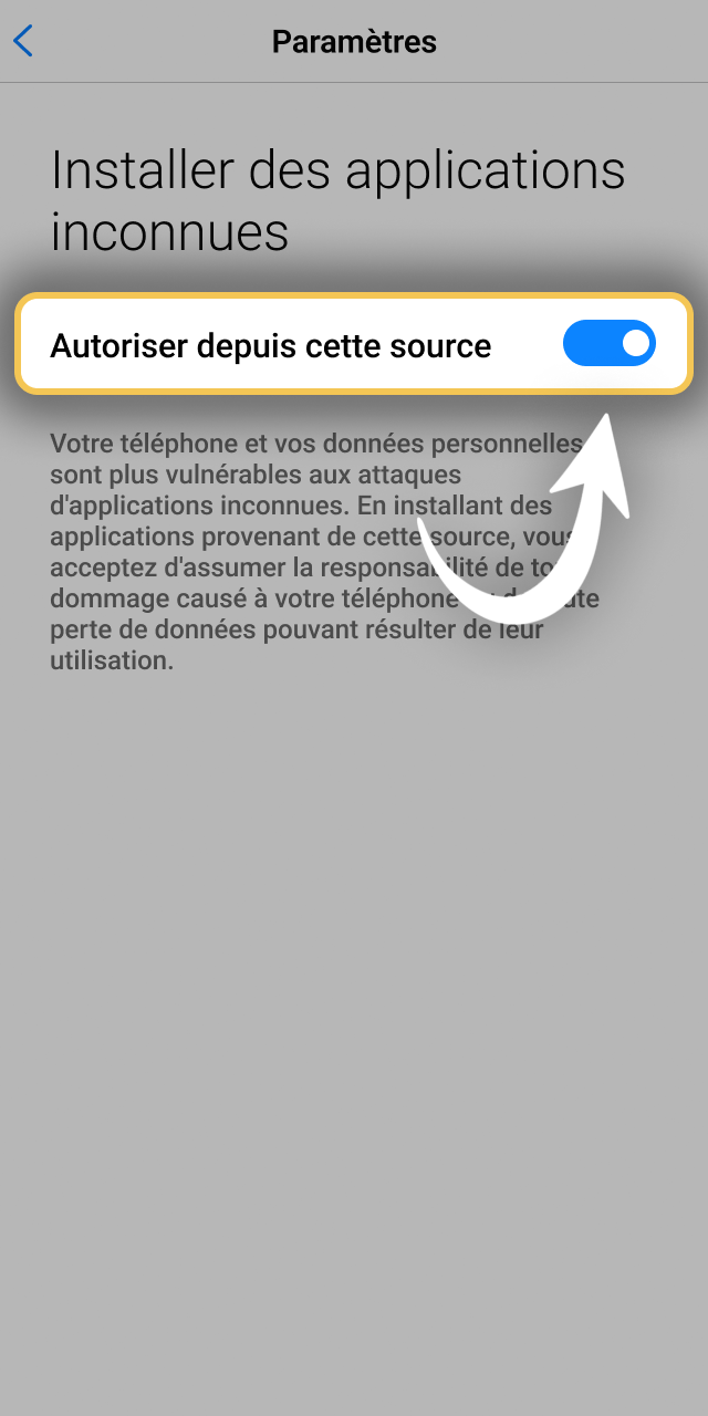 Autorisez l'installation d'applications externes pour installer Spinsy officiel.