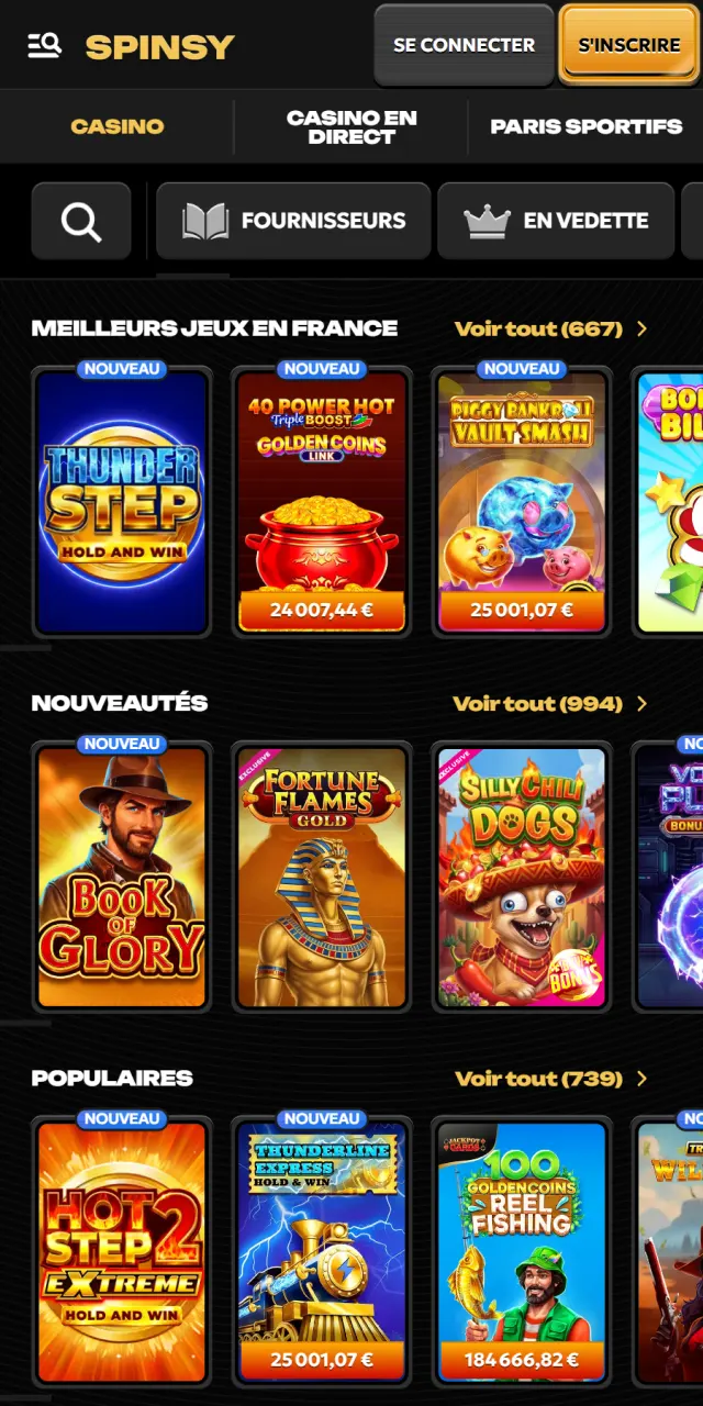 Accédez au casino mobile complet depuis l'application Spinsy officiel.