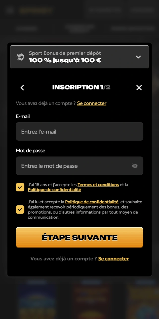 Créez votre compte via l'application mobile de Spinsy officiel.
