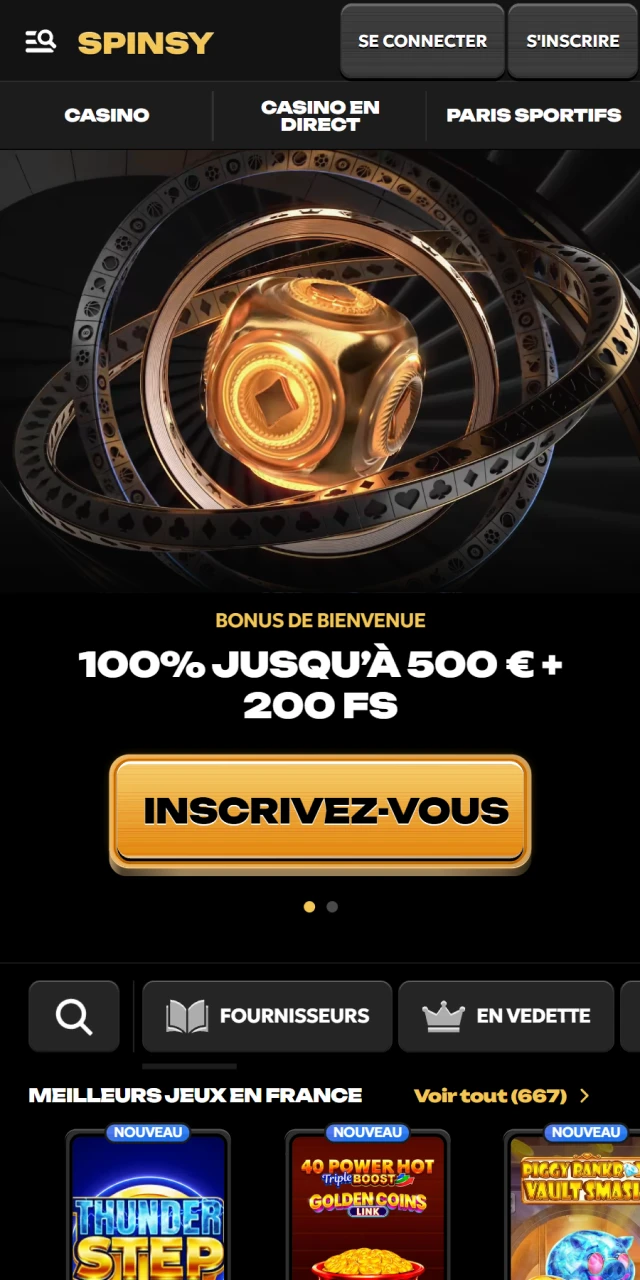 Naviguez sur l'interface mobile principale de Spinsy officiel France.