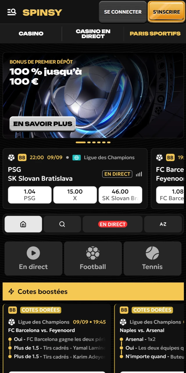 Placez vos paris sportifs mobiles directement sur Spinsy officiel.
