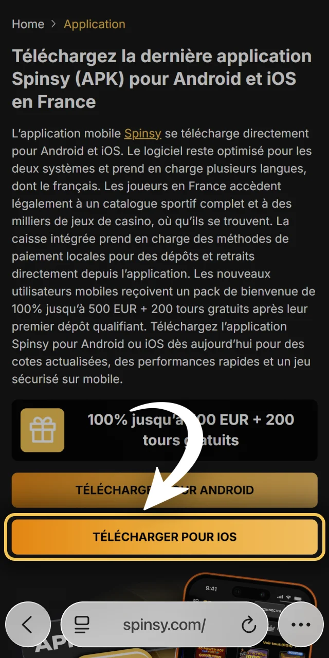 Ouvrez le site mobile sur Safari pour Spinsy.