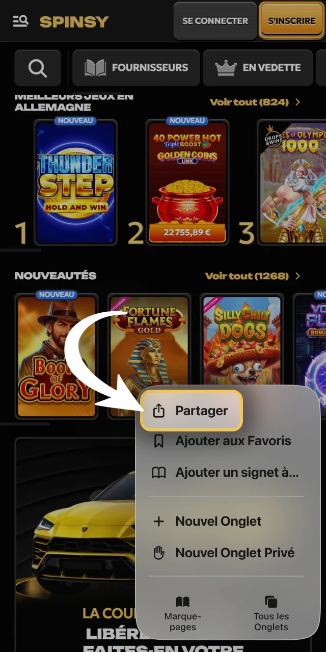 Appuyez sur le bouton de partage de Spinsy officiel.