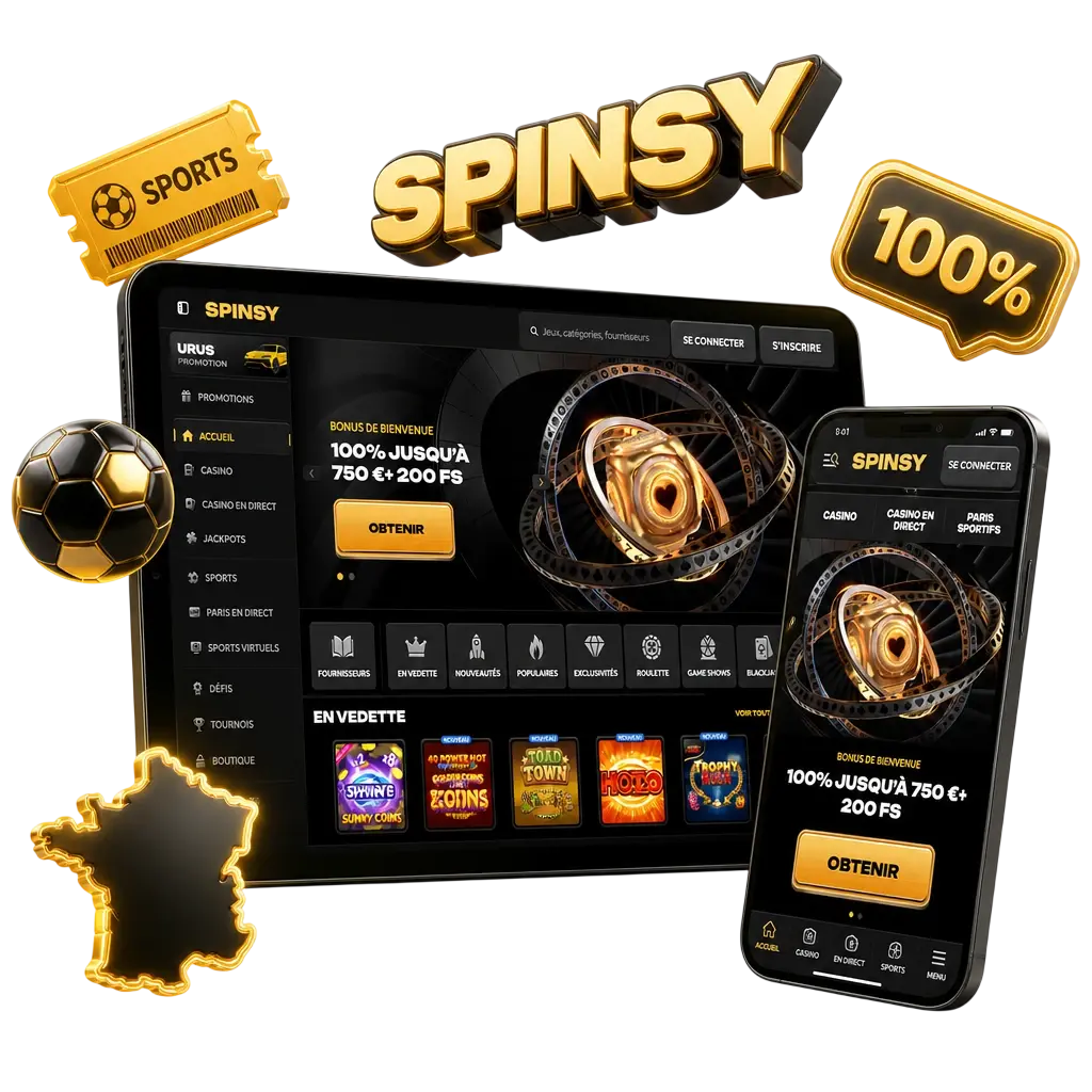 Bonus de bienvenue sport Spinsy : 100% jusqu'à 500 EUR + 200 FS pour pariser sur football, tennis, cricket et esport.