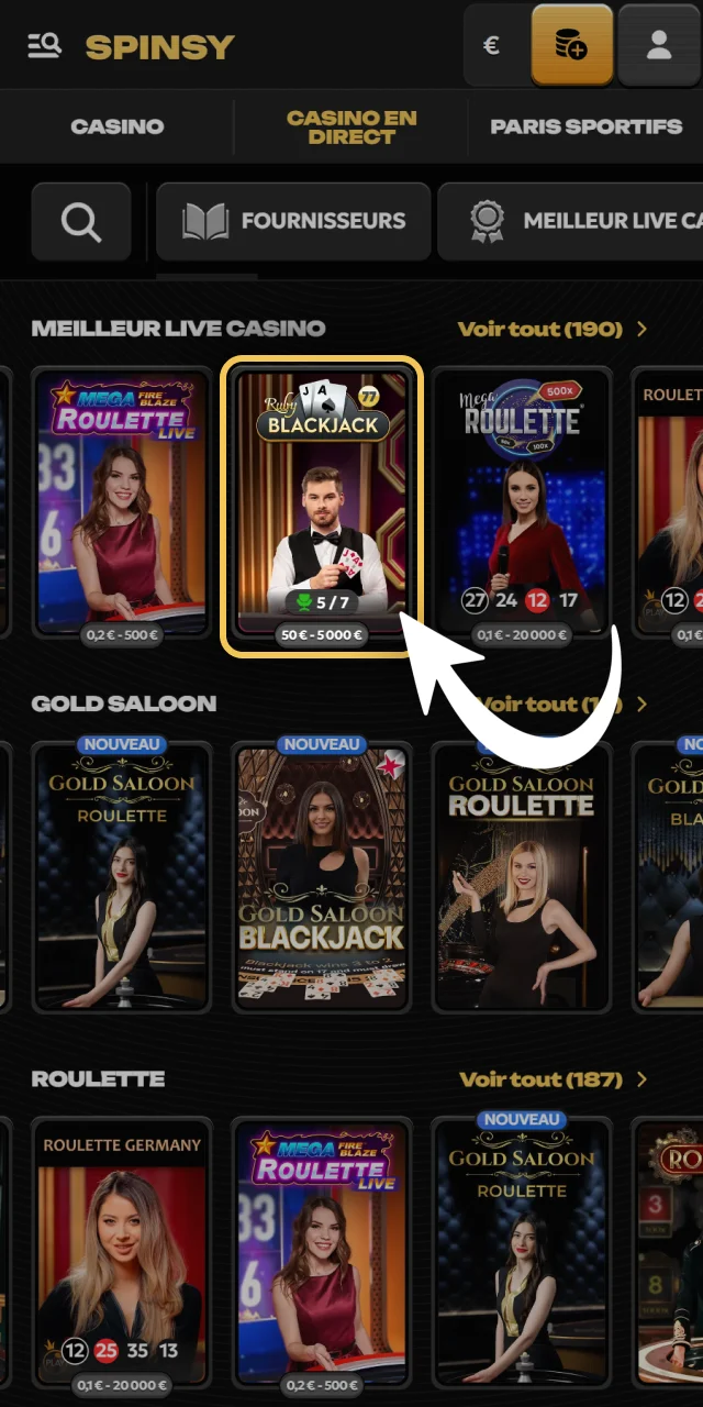 Sélectionnez votre table en direct préférée directement sur Spinsy.