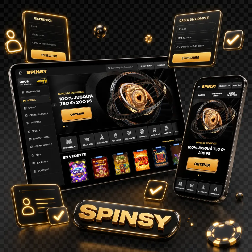 Guide en 5 étapes pour s'inscrire sur Spinsy en France : formulaire, coordonnées, mot de passe et validation du compte.