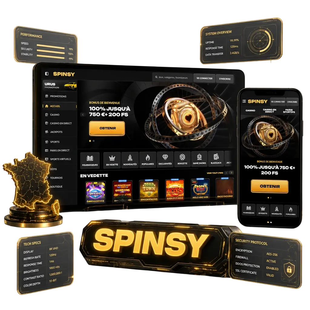 Fiche technique de l'application Spinsy : spécifications, compatibilité Android/iOS, langues et devises prises en charge en France.