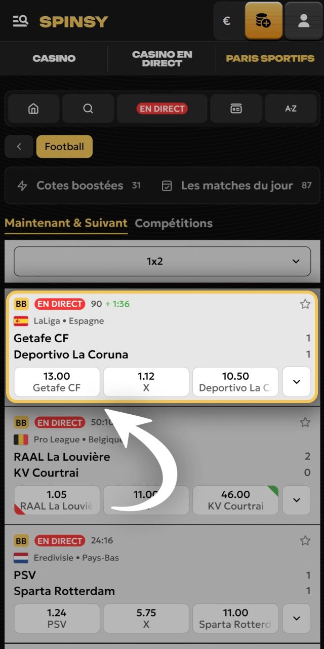 Sélectionnez un match de football pour parier sur Spinsy.