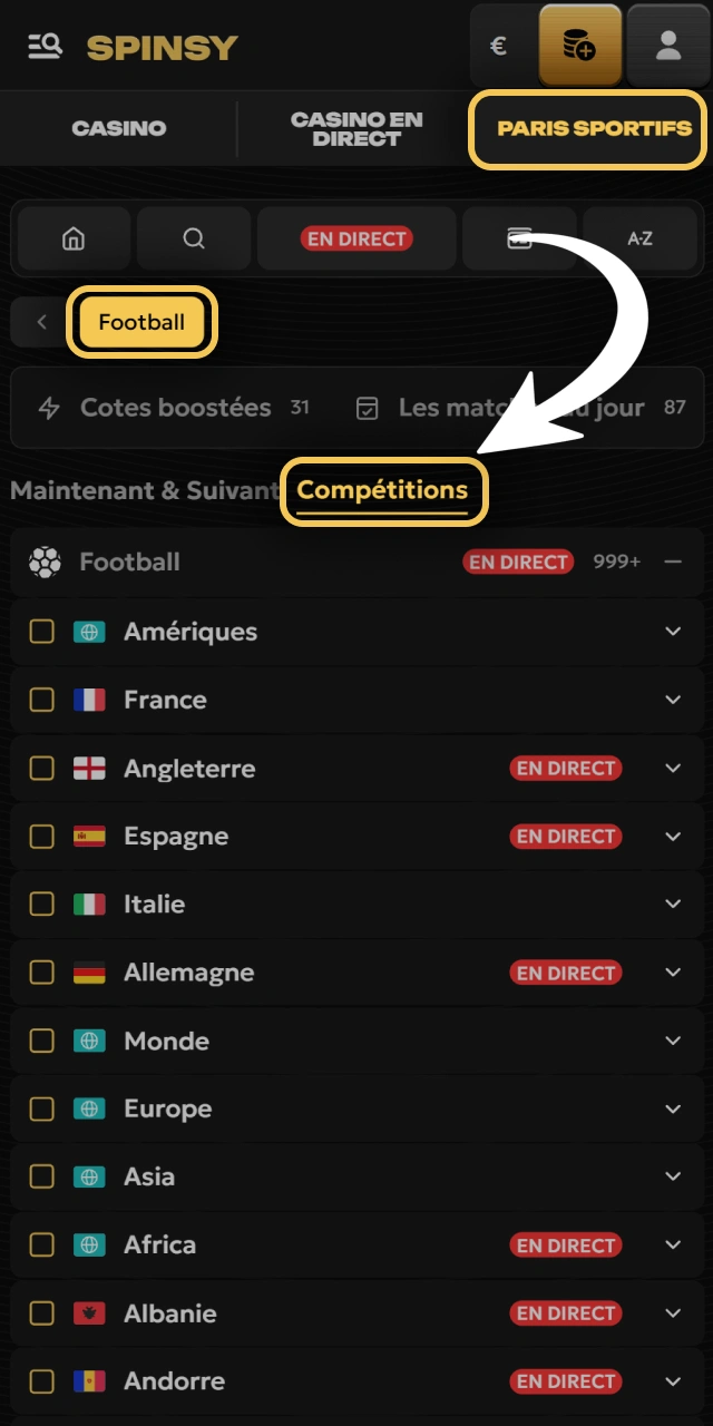 Choisissez votre compétition de football préférée sur Spinsy France.