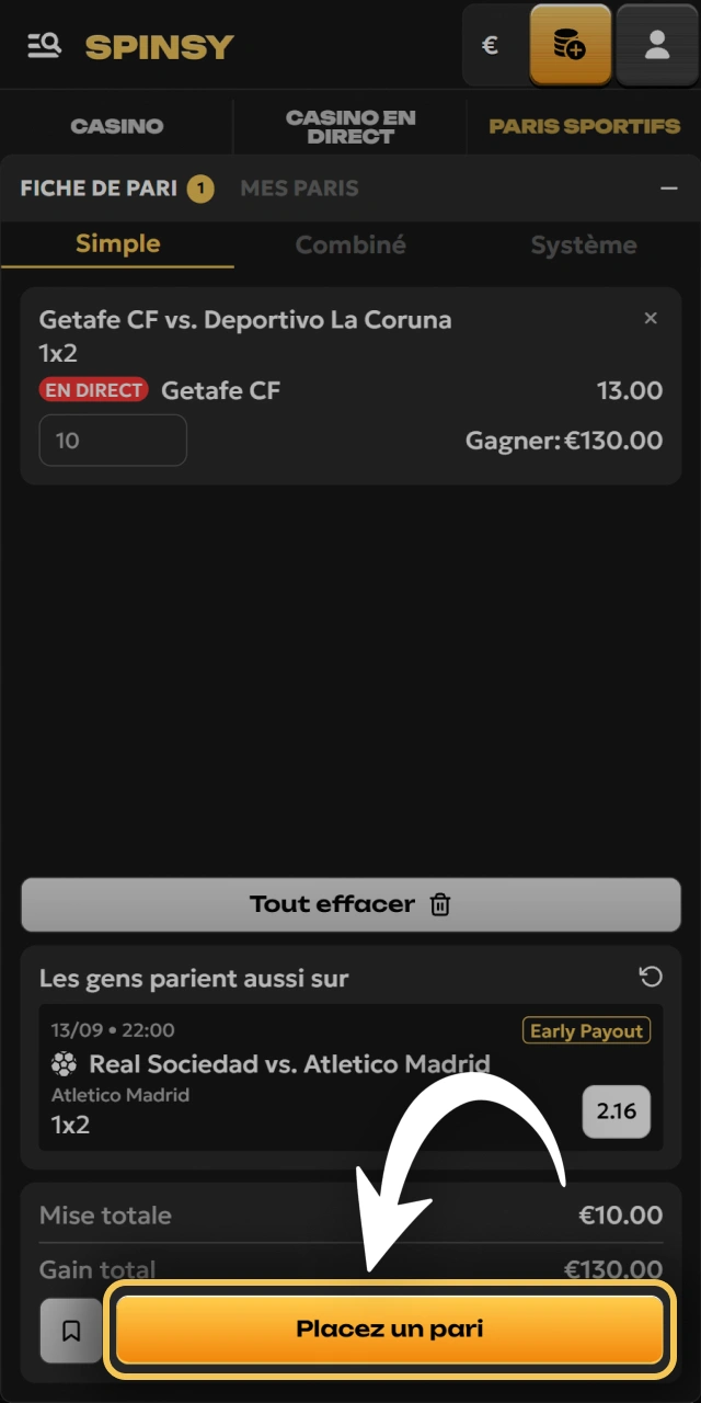 Confirmez votre coupon de pari football directement sur Spinsy.