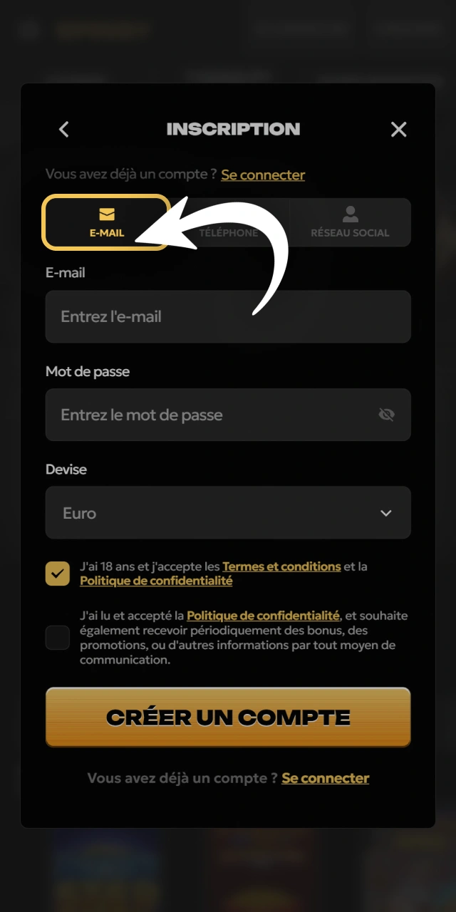 Choisissez votre mode d'inscription préféré sur l'application Spinsy.