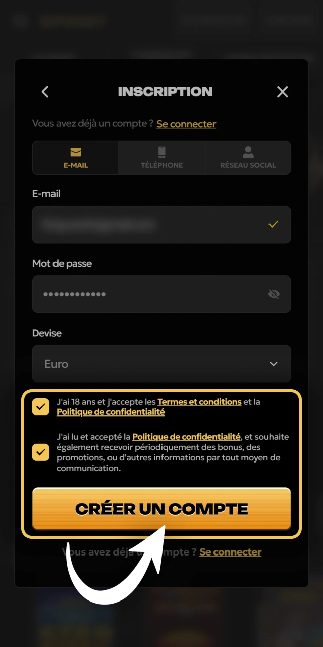 Finalisez la création de votre compte mobile sur Spinsy.