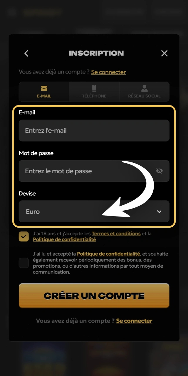 Saisissez vos coordonnées personnelles dans l'interface mobile Spinsy.