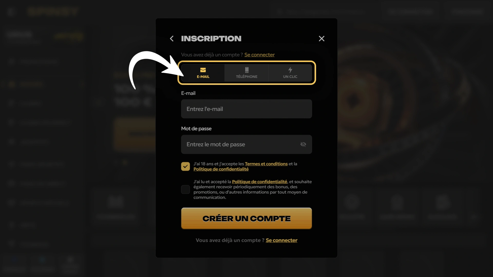 Sélectionnez votre méthode de création de compte sur Spinsy.