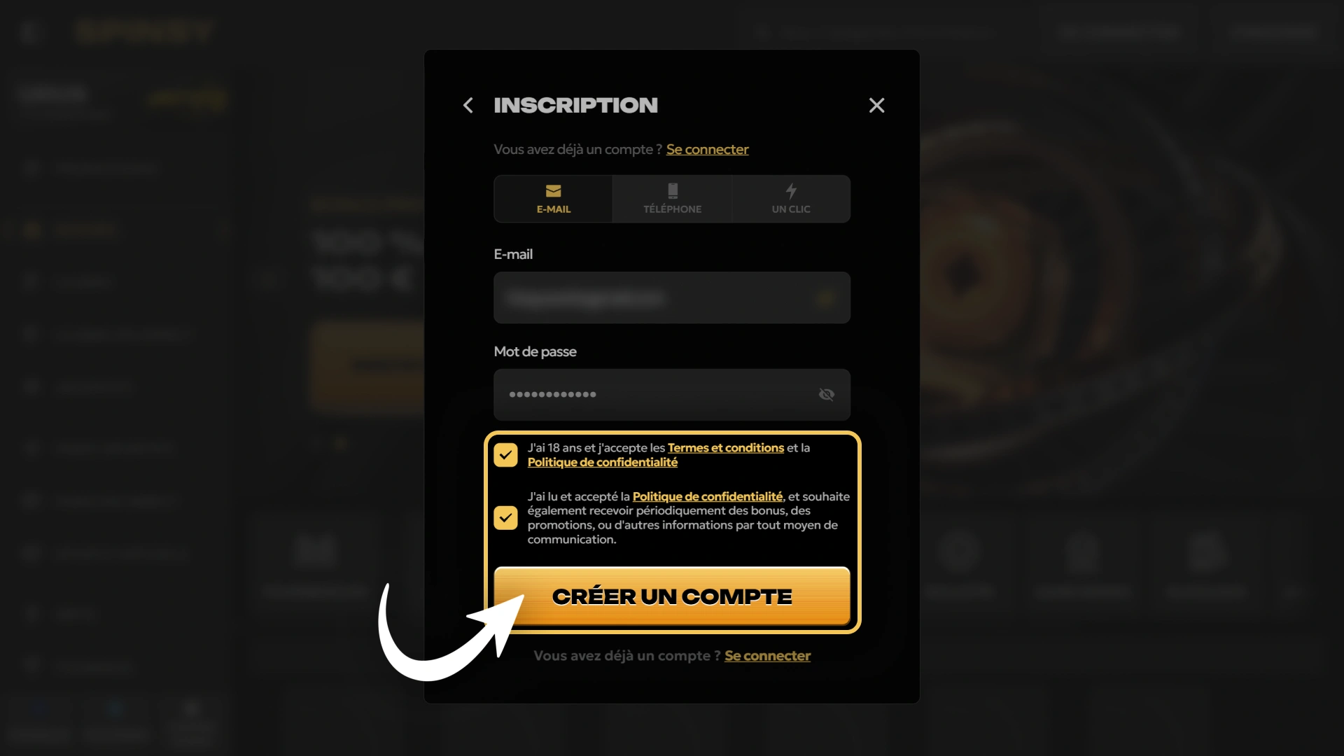 Validez les conditions d'utilisation pour rejoindre le site Spinsy.