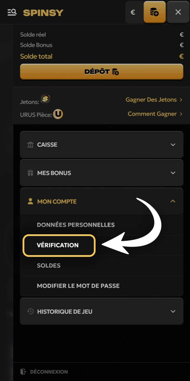 Accédez au menu de vérification d'identité sur Spinsy France.