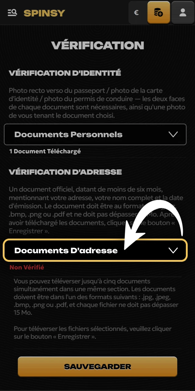 Fournissez un justificatif de domicile valide au site Spinsy.