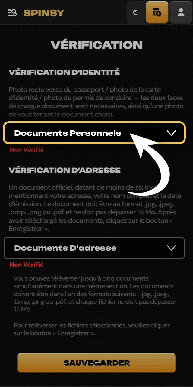 Envoyez votre pièce d'identité pour vérifier votre compte Spinsy.
