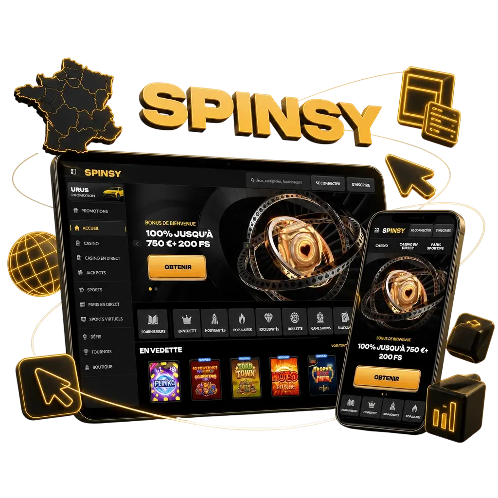 Interface sombre de l'application Spinsy avec barre de navigation pour paris sportifs et casino en direct