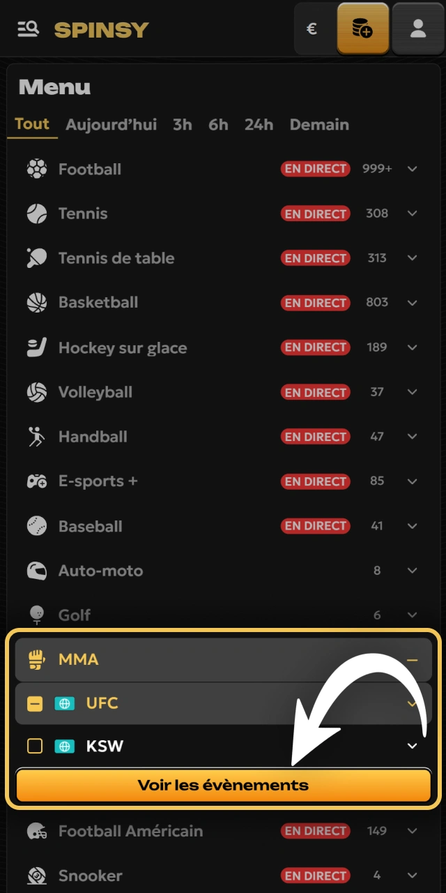 Ouvrez le menu des sports et sélectionnez le MMA Spinsy.