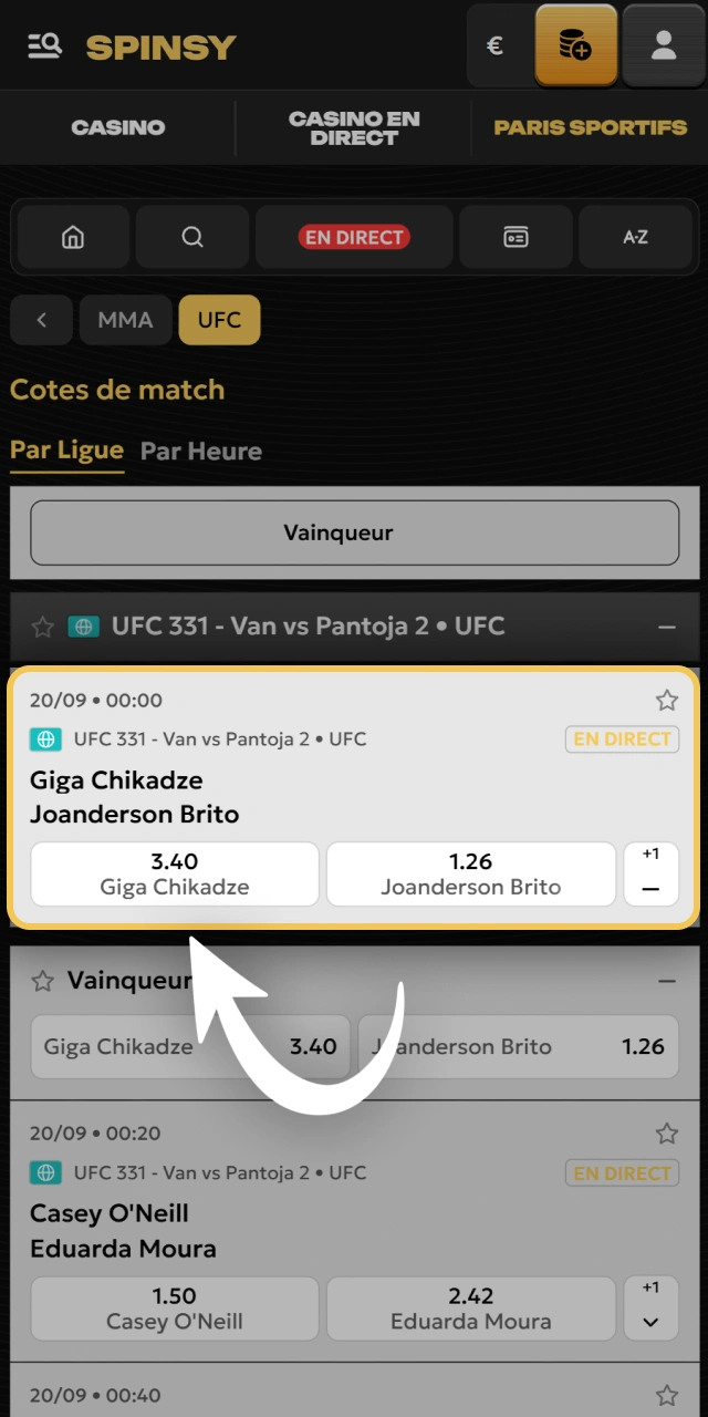 Sélectionnez la cote de votre combattant favori sur Spinsy.
