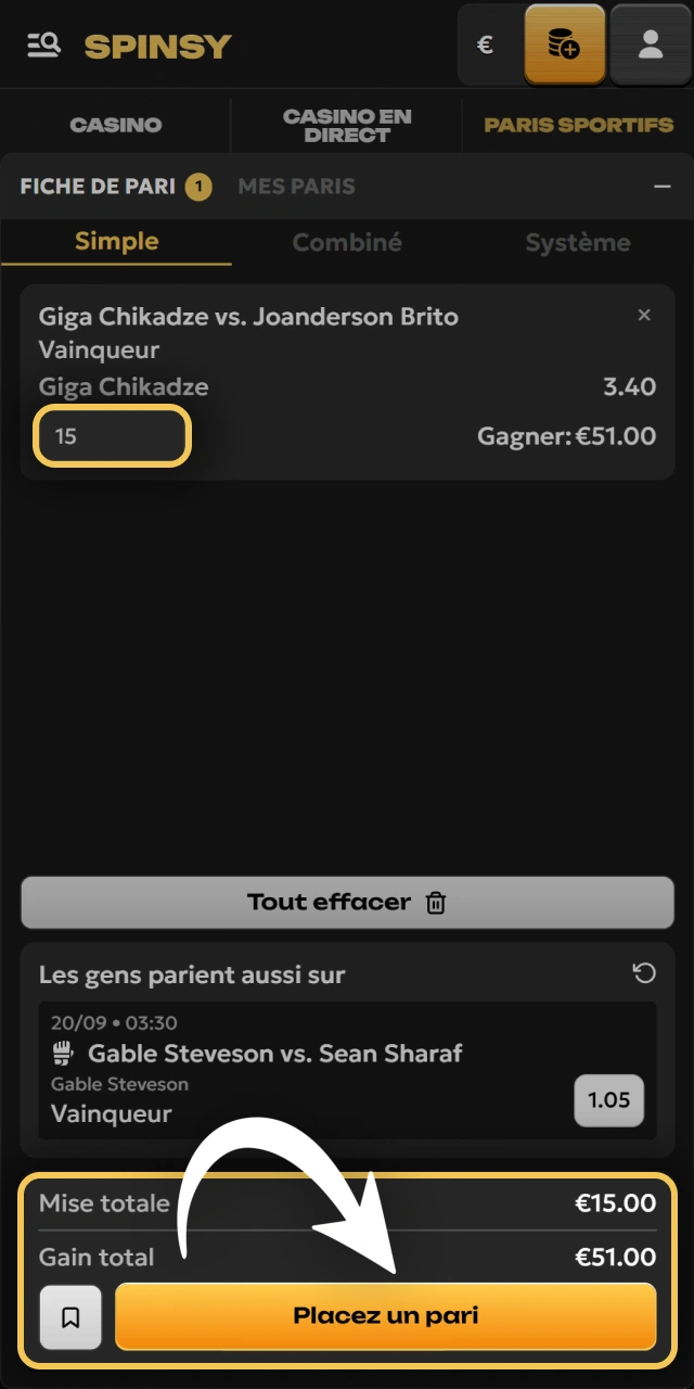 Confirmez votre coupon de pari sportif directement sur Spinsy.