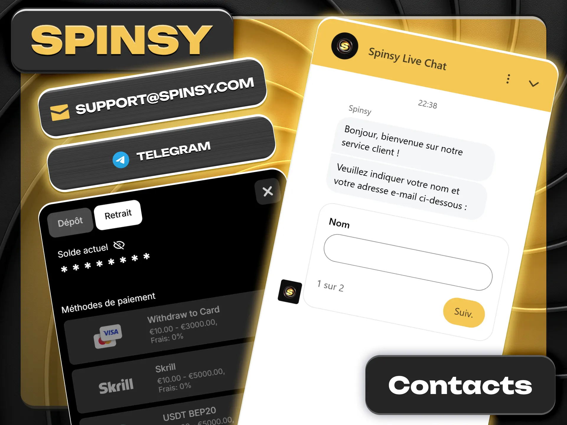 Contactez le service client pour vos opérations financières Spinsy officiel.