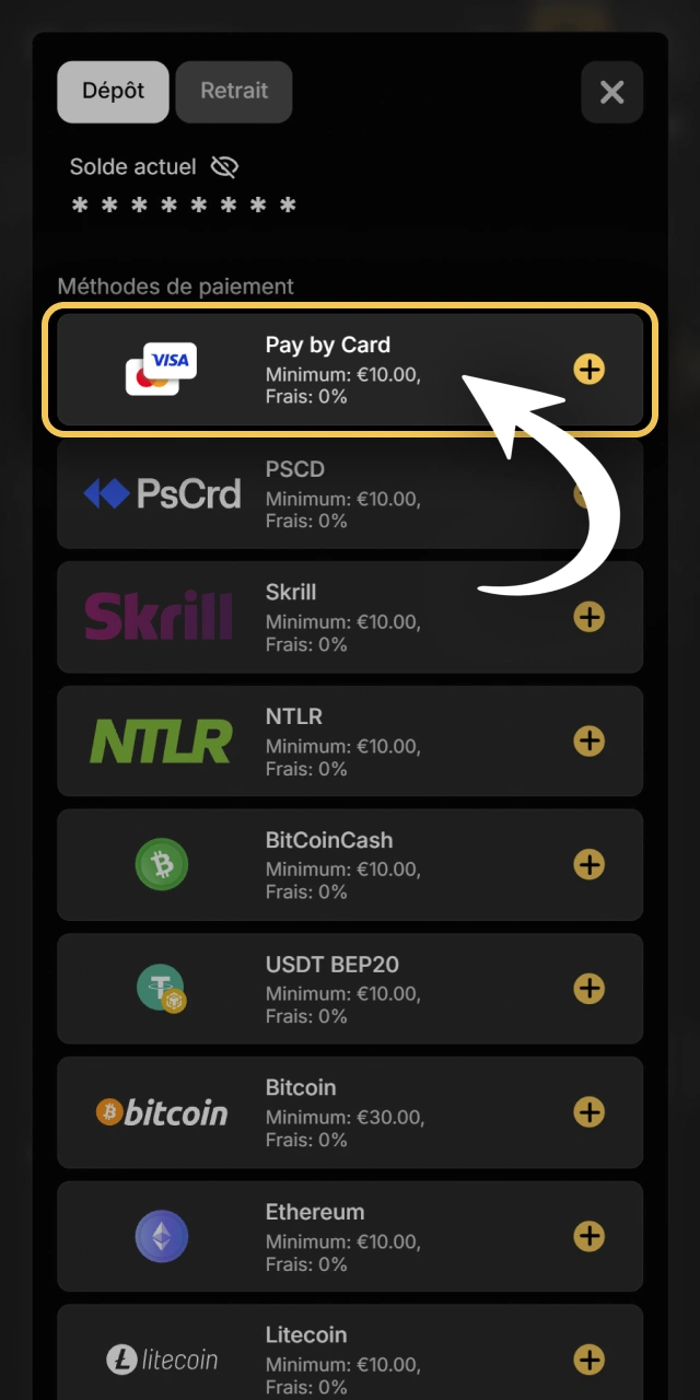 Sélectionnez votre méthode de paiement préférée directement sur Spinsy.