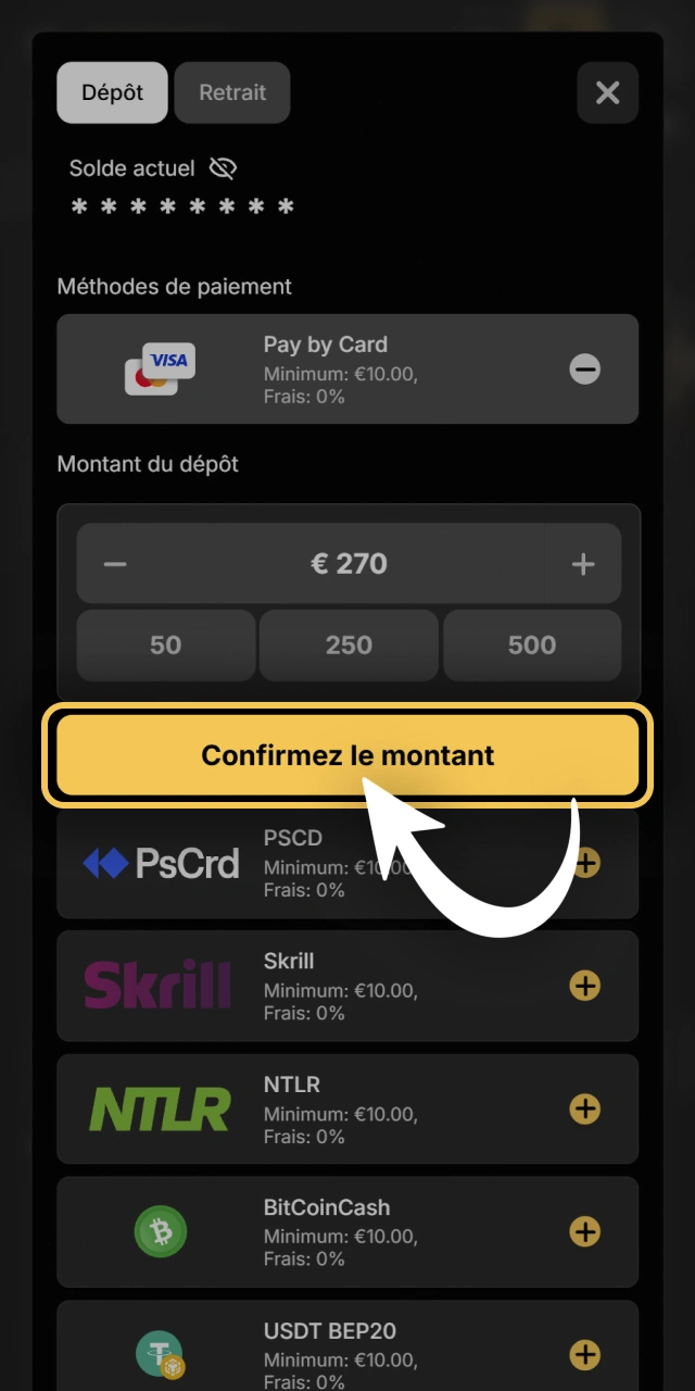 Confirmez votre transaction bancaire de dépôt sécurisé sur Spinsy.