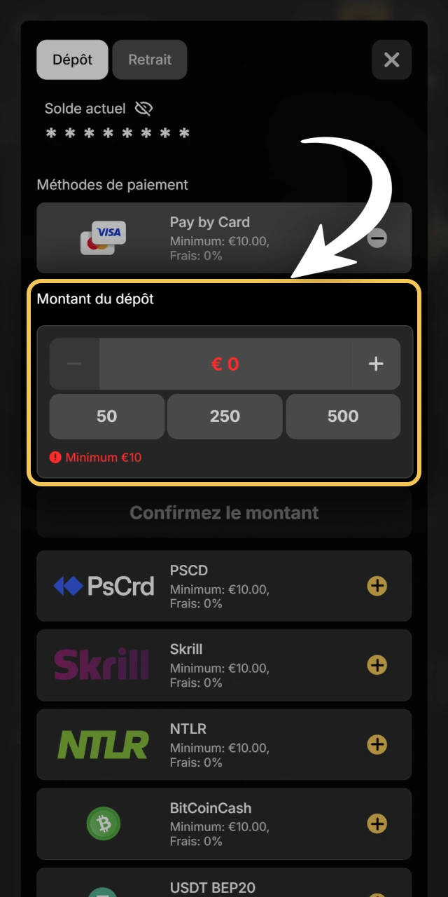 Indiquez le montant de votre dépôt d'argent sur Spinsy.