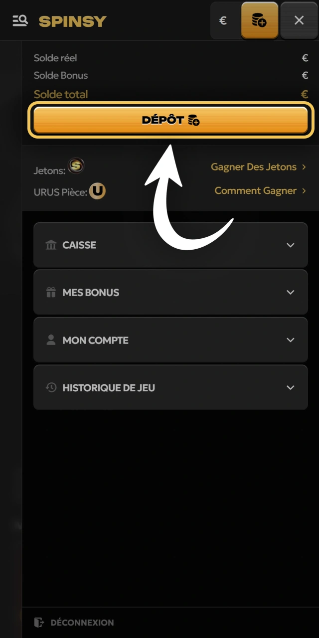 Ouvrez l'onglet caisse pour effectuer un dépôt sur Spinsy.