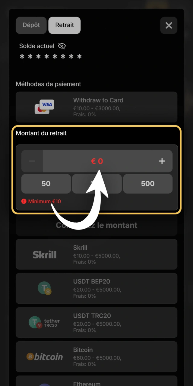 Saisissez la somme d'argent exacte à retirer sur Spinsy.
