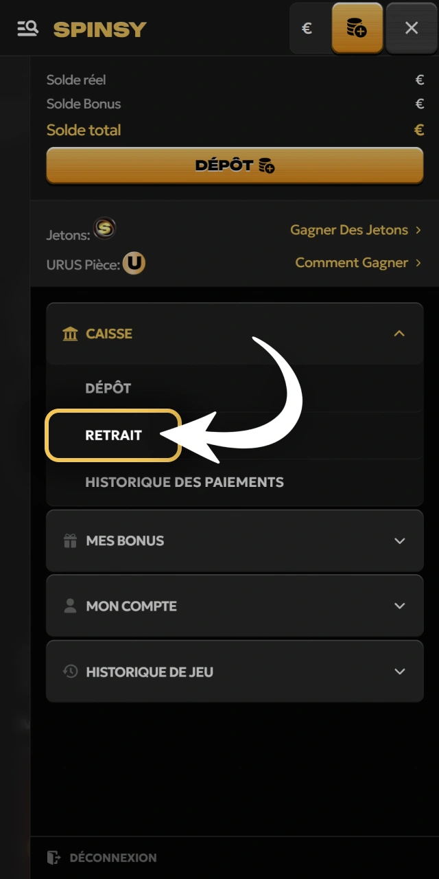 Ouvrez la section dédiée aux retraits d'argent sur Spinsy.