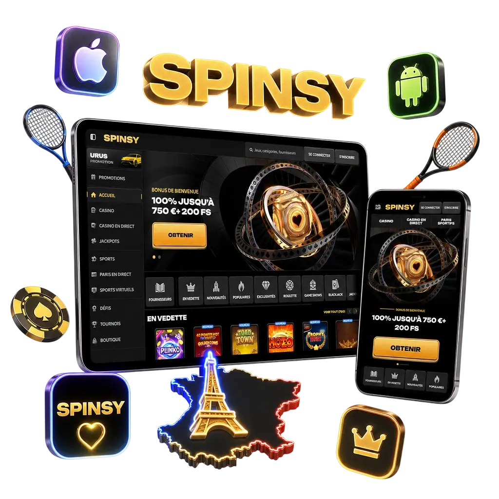 Application Spinsy pour parier sur le tennis, disponible sur Android et iOS avec cotes en direct et suivi des matchs.