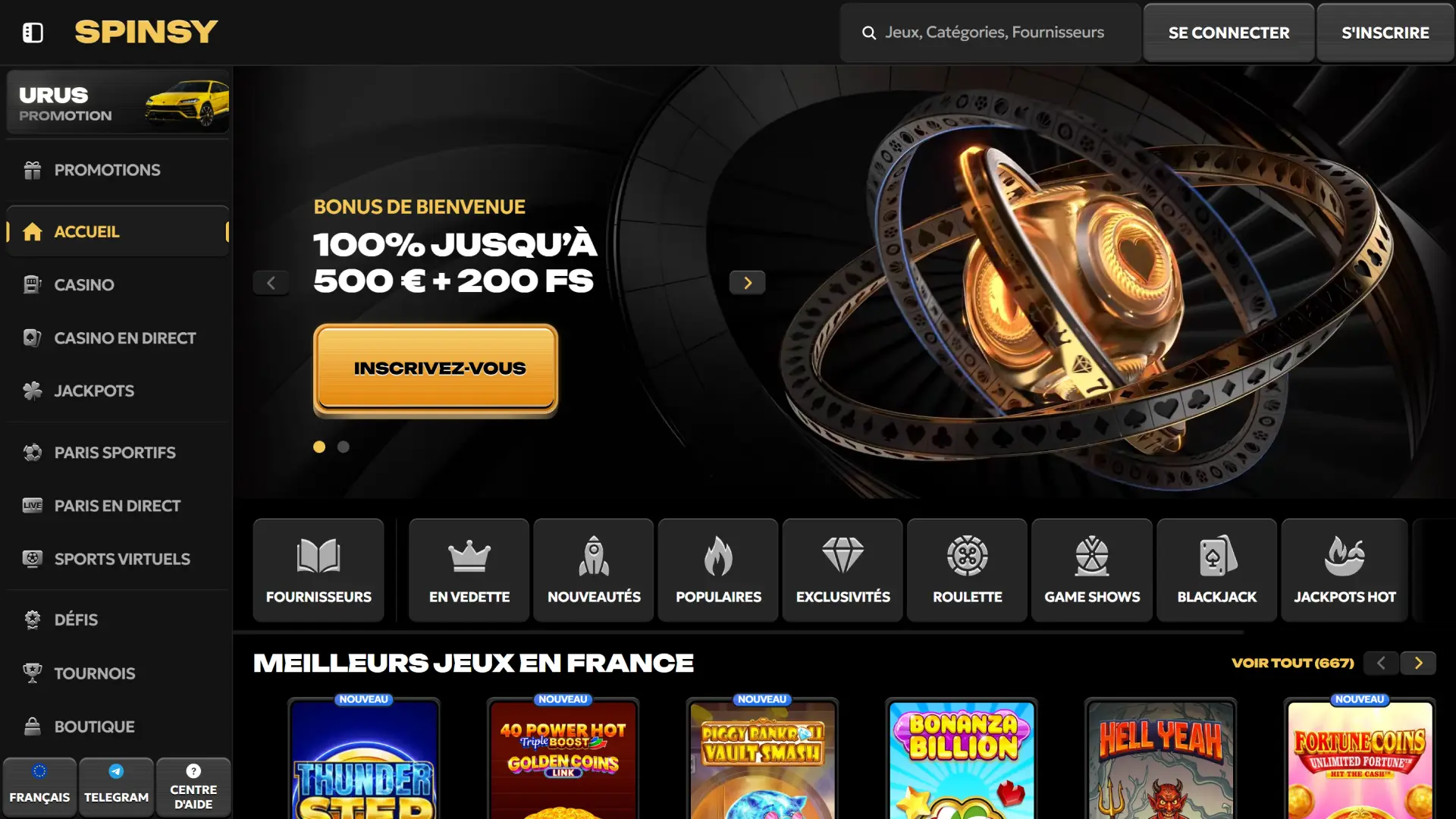 Naviguez facilement sur la page d'accueil de Spinsy officiel.