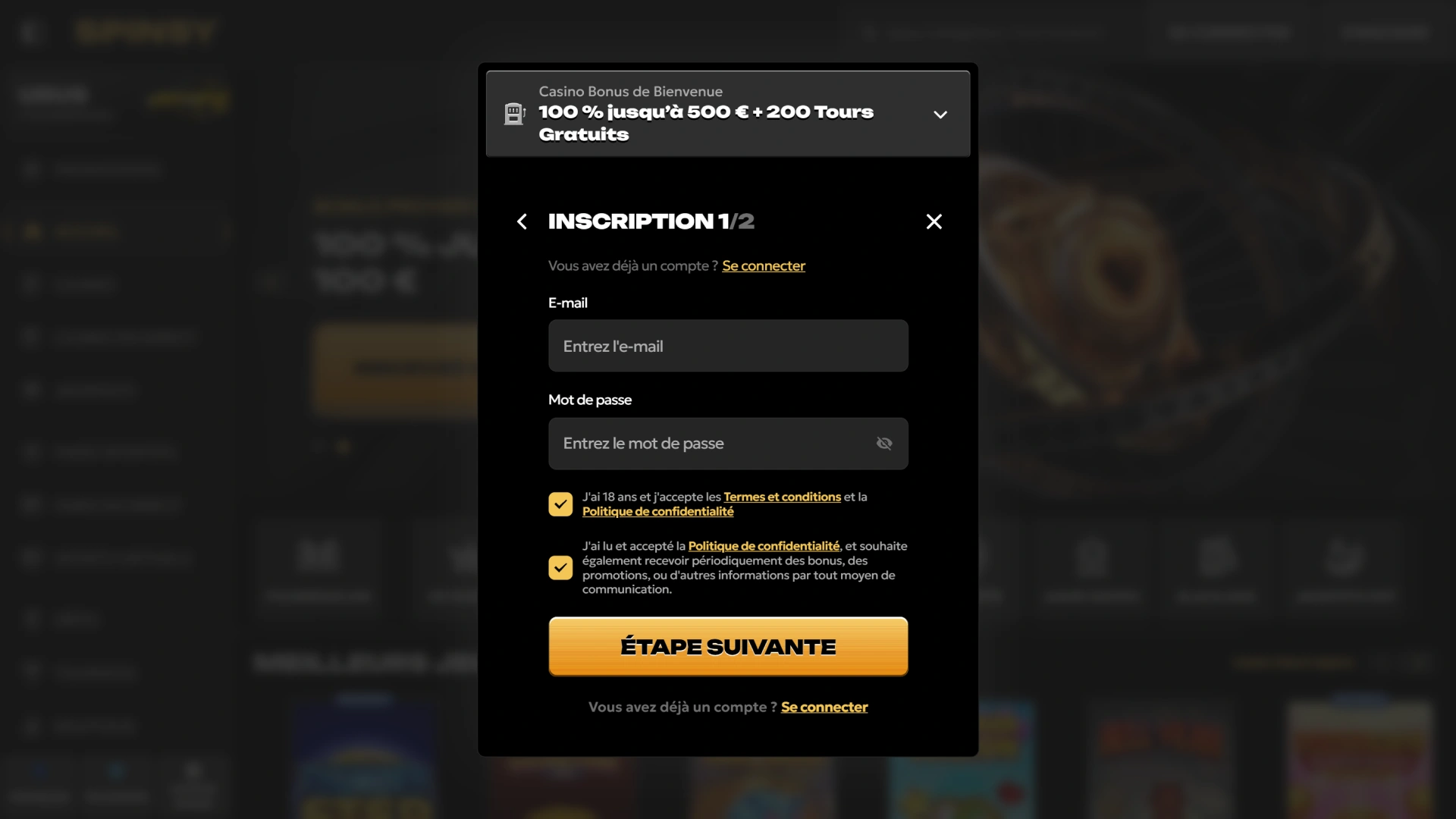 Ouvrez le formulaire d'inscription en ligne de Spinsy officiel.