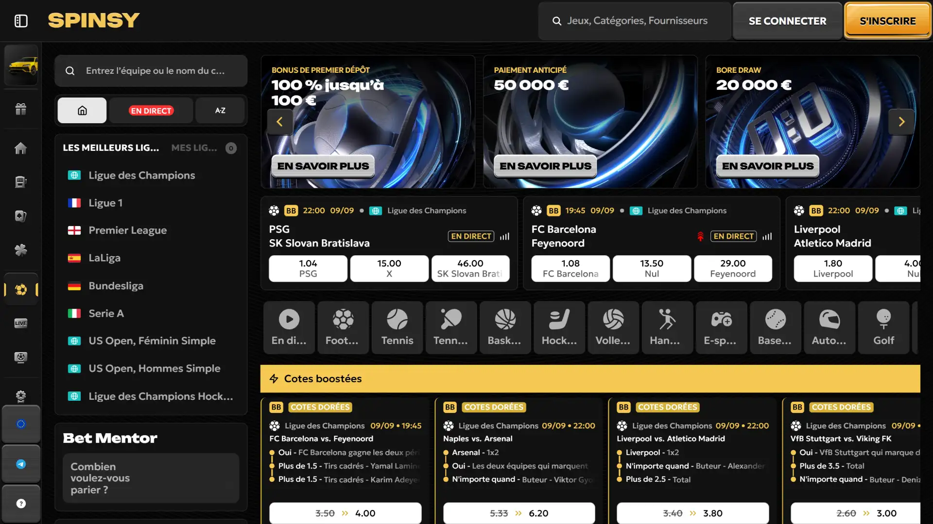 Pariez sur tous vos sports favoris sur Spinsy officiel.