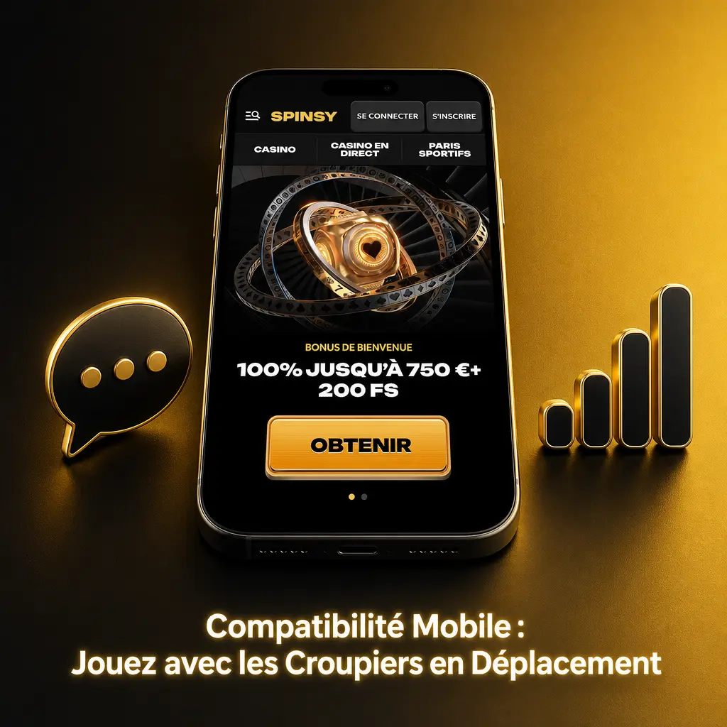 Interface mobile Spinsy avec croupier en direct, mises regroupées en bas et flux vidéo HD adaptatif.