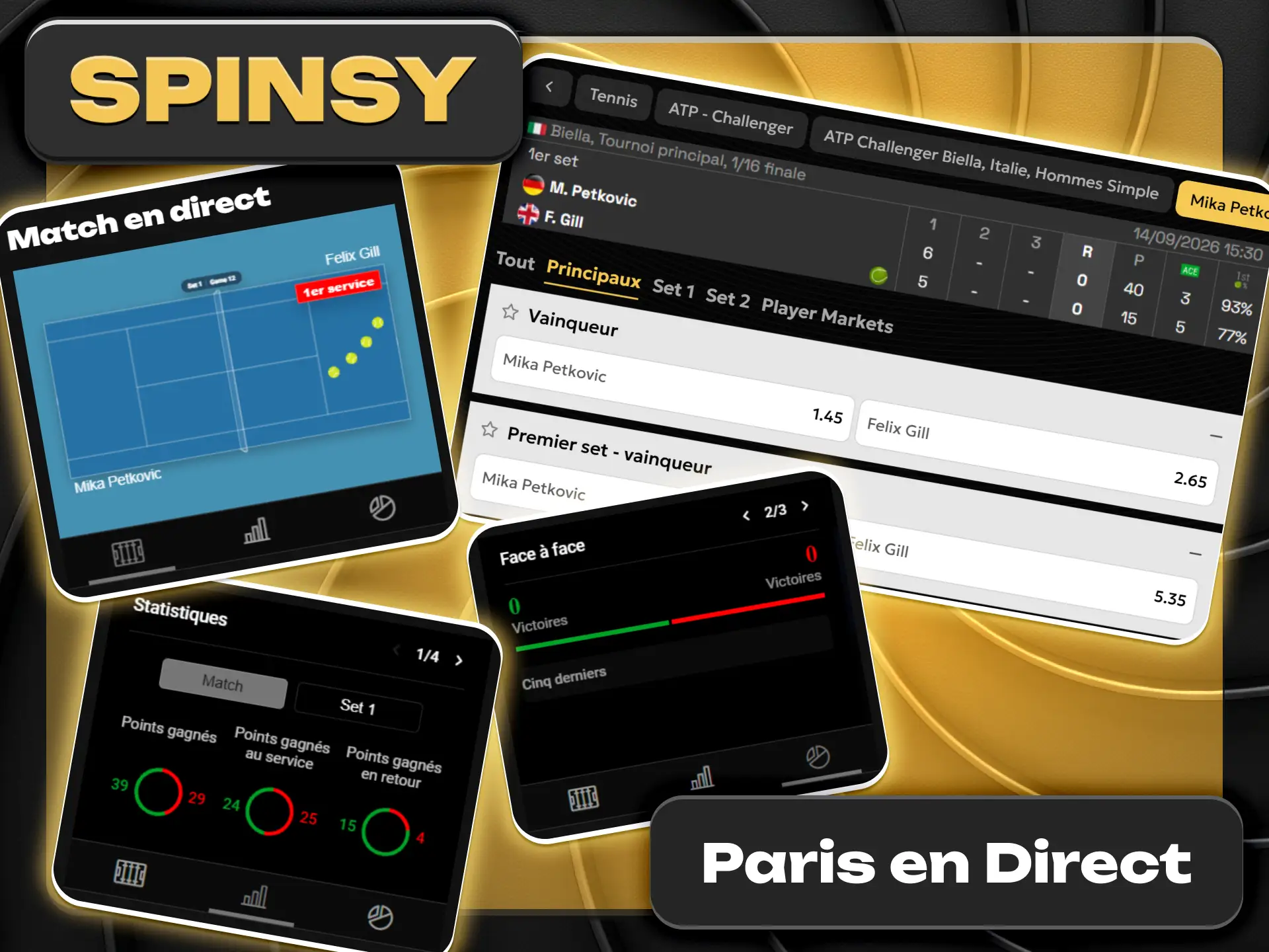 Placez vos paris tennis en direct facilement sur Spinsy.