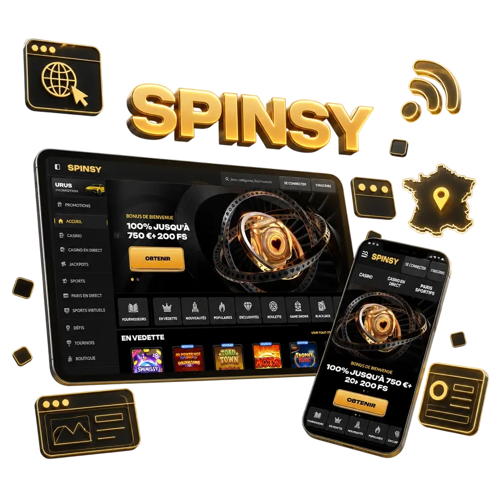 Version mobile du site Spinsy accessible depuis un navigateur sur smartphone et tablette, sans téléchargement requis